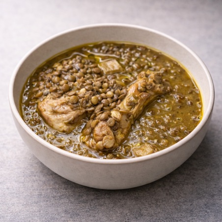 Lentejas con pollo de corral y boletus