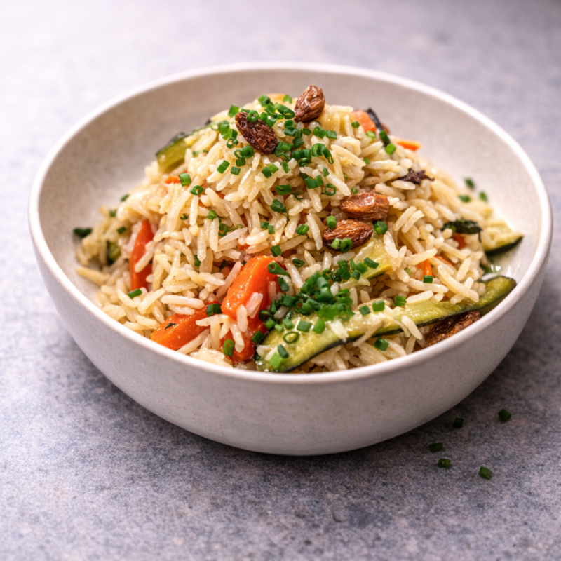 Arroz salteado con pasas y verduritas