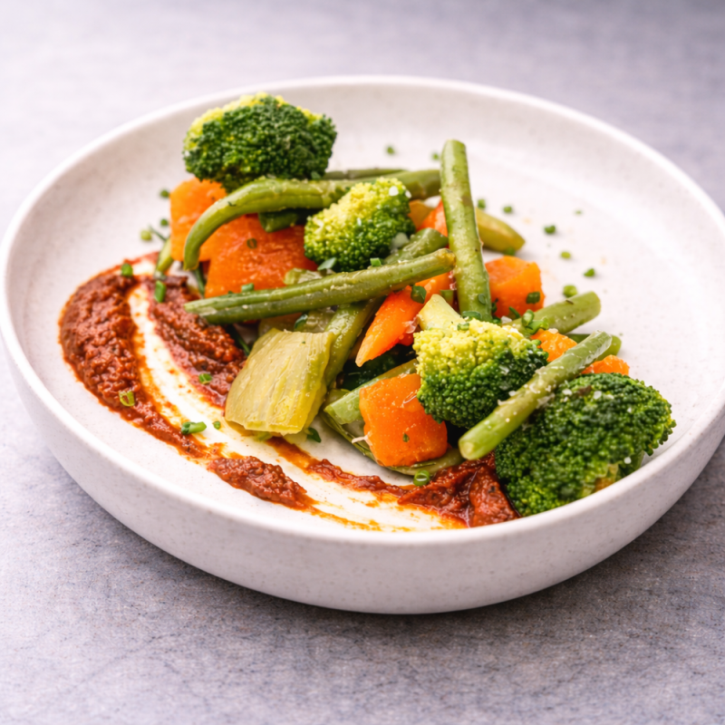 Salteado de verduras de temporada con salsa romescu