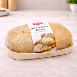 Pollo relleno listo para asar (Carne picada, jamón ibérico, panceta, pasas, almendras, foie de pato)