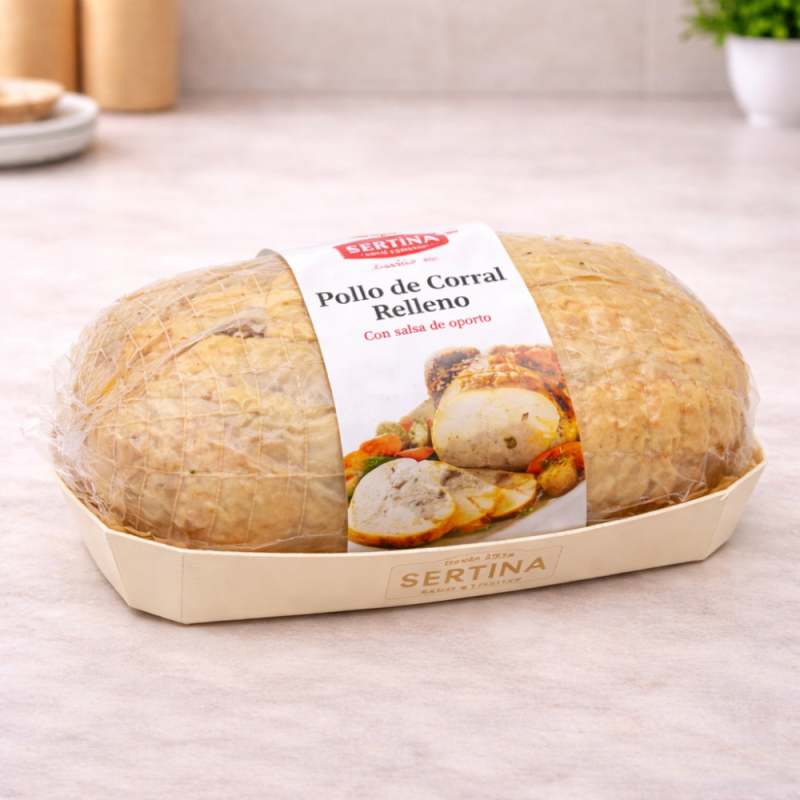 Pollo relleno listo para asar (Carne picada, jamón ibérico, panceta, pasas, almendras, foie de pato)